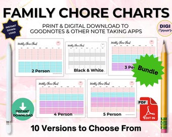 Family Bundle Chore Chart & Task Organizer Planner Digital + Printable Command Center Goals Homeschool Cleaning Checklist - 10 Versions