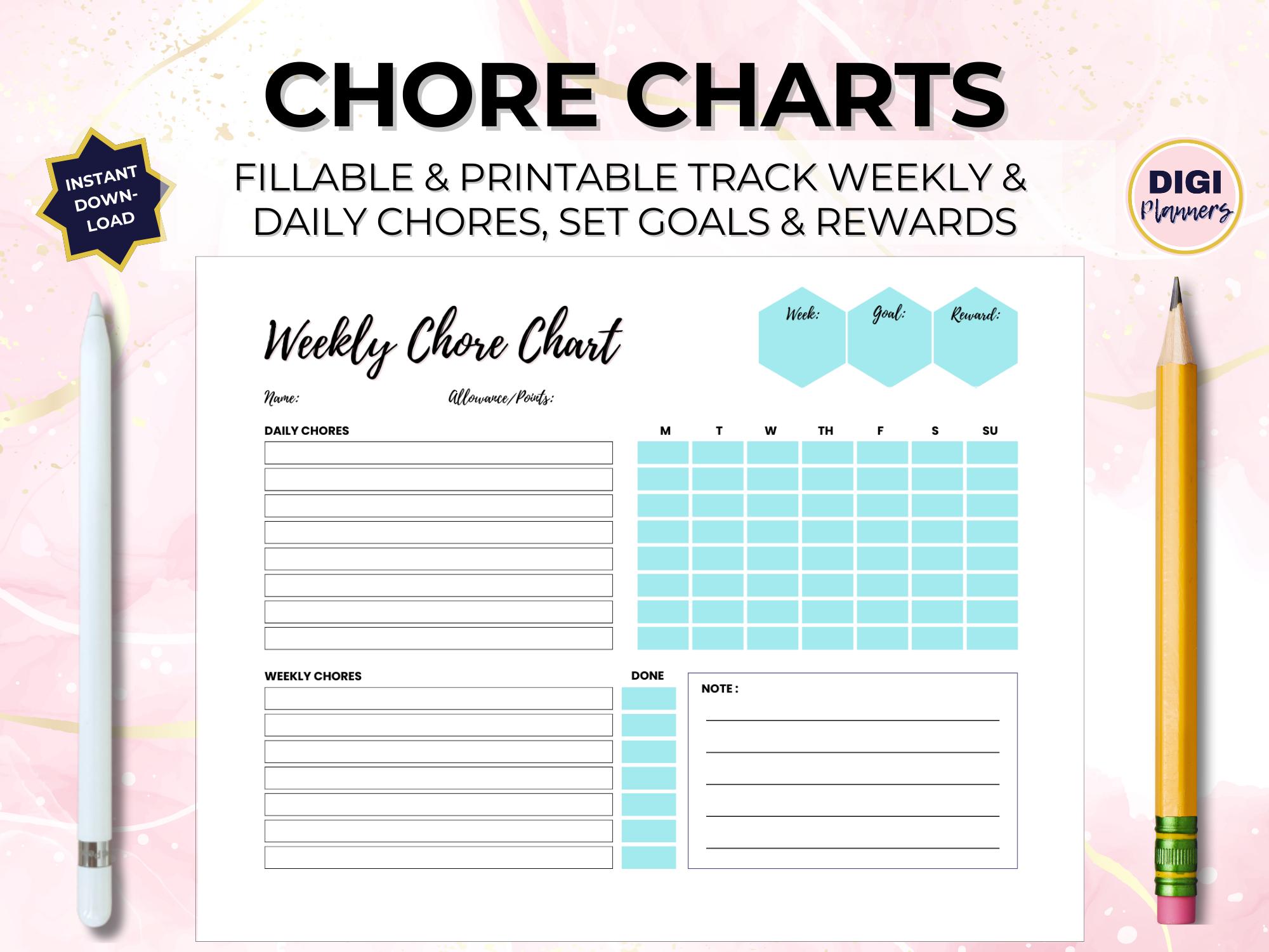 Weekly Chore Chart Allowance Tracker Fillable PDF Teal Build Good ...