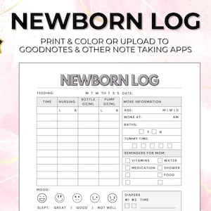 May include: A black and white newborn log with the title "NEWBORN LOG" at the top. The log includes sections for feeding, mood, and diapers. A digital stylus and a yellow pencil are on either side of the log.