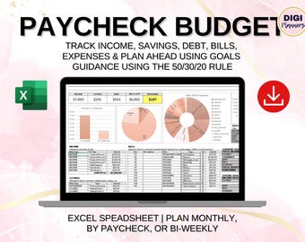 May include: A laptop screen displaying a spreadsheet with a pink and white color scheme. The spreadsheet is titled "Paycheck Budget" and includes sections for income, savings, debt, bills, and expenses. The spreadsheet also includes a pie chart and a bar graph. The text "TRACK INCOME, SAVINGS, DEBT, BILLS, EXPENSES & PLAN AHEAD USING GOALS GUIDANCE USING THE 50/30/20 RULE" is displayed above the spreadsheet. The text "EXCEL SPEADSHEET | PLAN MONTHLY, BY PAYCHECK, OR BI-WEEKLY" is displayed below the spreadsheet. A download icon is displayed in the upper right corner of the image.