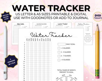 Water Tracker Fluid Intake Page A4 Letter & A5 Journal Pages Printable + Digital Hydration Habit Fitness Daily Annual Health Track - 4 Incl