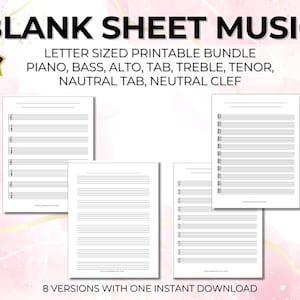Sheet Music Bundle Printable + Digital for Piano Bass Treble Clef TAB Clarinet Saxophone Musician Toolkit - 8 Blank Staff Paper Letter + A5