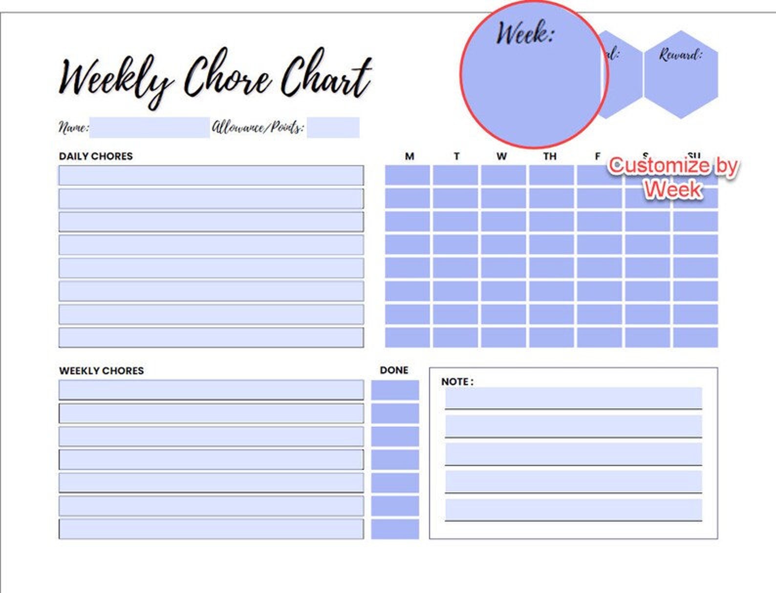 Weekly Chore Chart Allowance Tracker Fillable PDF Teal Build Good ...