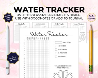 Water Log Yearly Tracker Page US Letter & A5 Journal Pages Printable + Digital Hydration Habit Fitness Annual Health Track - 4 Styles Incl