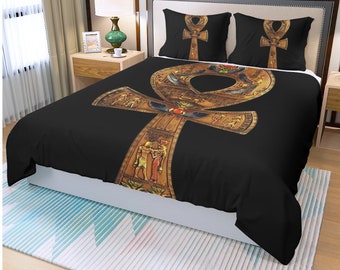 African Wood Ankh Egyptian Duvet Cover and pillowcases ethnic house warming gift bedding set wedding comforter cover ankara quilt bohemian