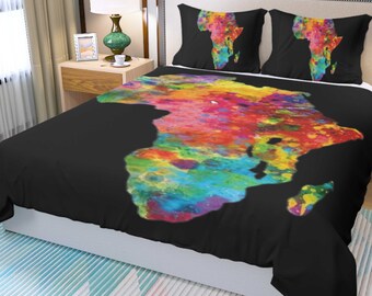 Map of Africa Watercolor Black Duvet Cover and pillowcases ethnic boho house warming gift bedding set wedding comforter cover ankara king