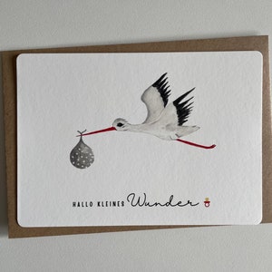 Grußkarte zur Geburt   Motiv: Storch aquarell  Postkarte A6  „Hallo kleines Wunder“ individualisierbar