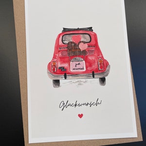 Karte zur Hochzeit  Motiv: Fiat Aquarell rot  PostkarteA6 „just married“ handgemalt Glückwünsche personalisierbar