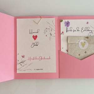 Karte/Geldgeschenk  Hochzeit Motiv:  Herz flamingo/rosa / Blütenblumen Pocketfold-Karte B6, individualisierbar