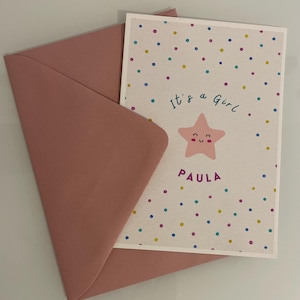 Karte zur Geburt   Motiv: Einhorn/Stern  Postkarte A6  Name individualisierbar