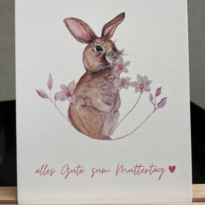 Grußkarte A6  Motiv: Hase  Aquarell mit Blumen  Muttertag/Geburtstag/Ostern