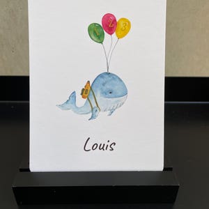 Karte zum Schulanfang  Motiv: Babywal mit Schultasche aquarell  Postkarte A6  Name individualisierbar  Luftballons