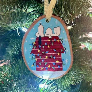 Hand-Painted Snoopy Christmas Ornament - Rustic Wood Slice Holiday Decor - Personalized Wooden Ornament - Winter Snoopy Decoration