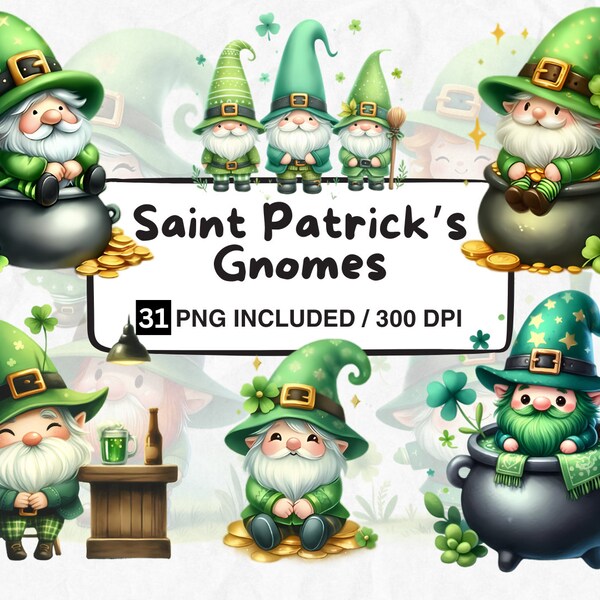 31 Watercolor St. Patrick's Day Gnomes Clipart, Festive Gnomes Clipart, St Patrick Day Clipart, Gnomes PNG, Fantasy Clipart, Commercial Use