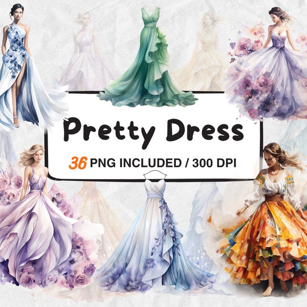 36 imágenes prediseñadas de vestido bonito de acuarela, vestidos de princesa, imágenes prediseñadas de acuarela, JPG de alta calidad, descarga digital, artesanía en papel, diarios basura