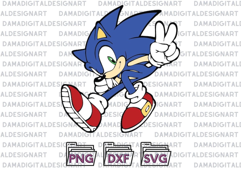 May include: A blue and yellow cartoon character with green eyes and a white smile, running with his right arm raised in a peace sign. The character is wearing red shoes and white gloves. The background is white with the text "DAMADIGITALDESIGNART" repeated.