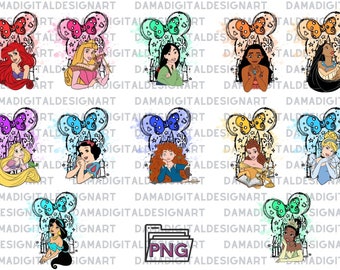 Bundle Princess Digital Download with Outlines belle Tiana Snow White Moanatangled svg Ariel cinderella Anna elsa mulan princess branket png