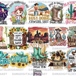 May include: A collection of 12 colorful digital designs featuring cowgirl themes. The designs include phrases like "Cosmic Cowgirl", "Giddy Up Cowgirl", "Wild and Free", "Howdy", "The Cowgirls", "The Hell I Won't", and "Life Complete".
