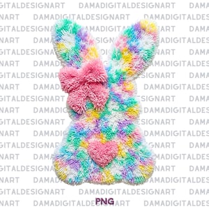 Könnte beinhalten: Eine flauschige, farbenfrohe Osterhasen-Dekoration. Der Hase besteht aus weichem, strukturiertem Material in Pastelltönen von Rosa, Blau, Gelb und Grün. Er hat eine rosa Schleife und ein herzförmiges Detail.