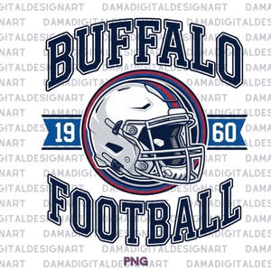 Puede incluir: Diseño gráfico con el texto "BUFFALO FOOTBALL" en negrita azul marino. Un casco de fútbol está centrado, rodeado de anillos rojos y azules. Los números "19" y "60" están en pancartas. El diseño está sobre un fondo blanco.