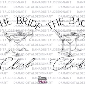 Puede incluir: Ilustración en blanco y negro con copas de martini y el texto "The Bride The Bach Club". La imagen muestra tres copas de martini con aceitunas y adornos decorativos, ideal para una despedida de soltera.
