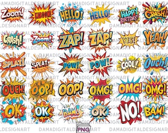 Comic Text Sublimation Bundle - 30 Fun & Colorful PNG Designs for T-Shirts, Mugs, Tumblers, Tote Bags and Creative DIY Projects