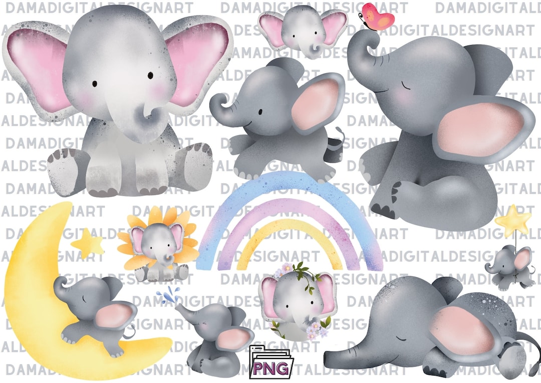 Cute Baby Elephant PNG Clipart Bundle - Watercolor Safari Animal ...
