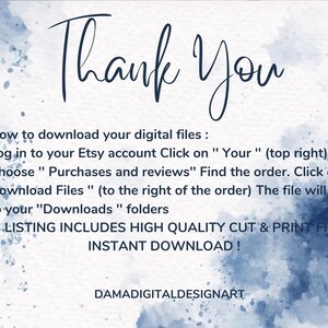 May include: A blue watercolor background with white text that says "Thank You". The text below explains how to download digital files from Etsy. The text also says "This listing includes high quality cut & print files. Instant download!" and "DAMADIGITALDESIGNART".