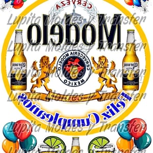 May include: A festive design featuring the Modelo beer logo, bottles, and shot glasses with lime wedges. Colorful balloons and confetti accents complete the celebratory theme. The text includes "Modelo" and "Mexico".
