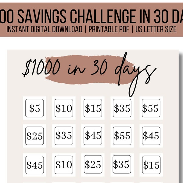 1000 Savings Challenge in 30 Days | Instant Digital Download | Savings Goals | Savings Tracking | Save Money Fast | Pay off Debt | Easy