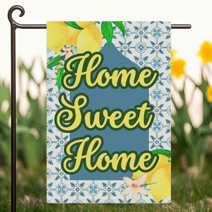 Cute Lemon Themed Home Sweet Home Garden Banner, Decorative Yard Sign, Outdoor Decor, Housewarming Gift, Summer Garden Flag, Lemon Decor