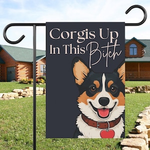 Whimsical Corgi Garden Flag, Tri-Colored Corgi Lover, Decorative Pet Banner, Dog Lover&#39;s Yard Decor, Outdoor Home Sign, Funny Garden Art