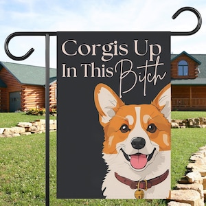 Whimsical Corgi Garden Banner, Outdoor Dog Decor, Pet Lover Gift, Yard Sign, Home & Garden Decoration, Funny Tan and White Corgi Flag