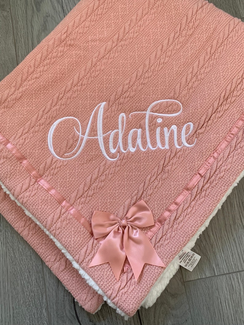 Baby Blanket Embroidered Personalised Chevron Cable Knit With Satin