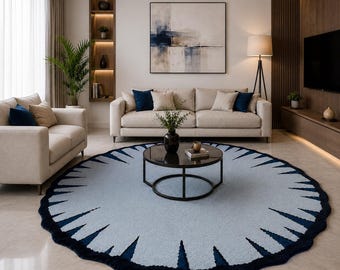Hand Tufted Wool Rug | Navy Blue Scalloped Round Area Carpet