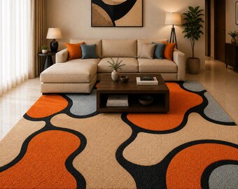 Modern Abstract Area Rug | Orange & Beige Wavy Carpet for Contemporary Living Room
