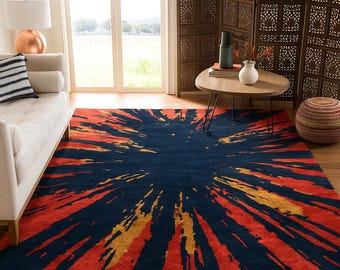 Hand Tufted New Zealand Wool Rug: Abstract Red, Navy & Gold Carpet