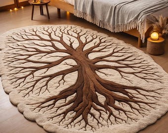 Handmade Wool Tree of Life Rug, Round Tufted Area Rug