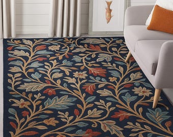 Hand-Tufted New Zealand Wool Rug: Navy Blue Floral Botanical Carpet
