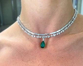 14k White Gold Over 9 Ct Pear Cut Emerald & Moissanite Tennis Necklace with Baguette Necklace For Women's/Solid Gold Tennis Necklace