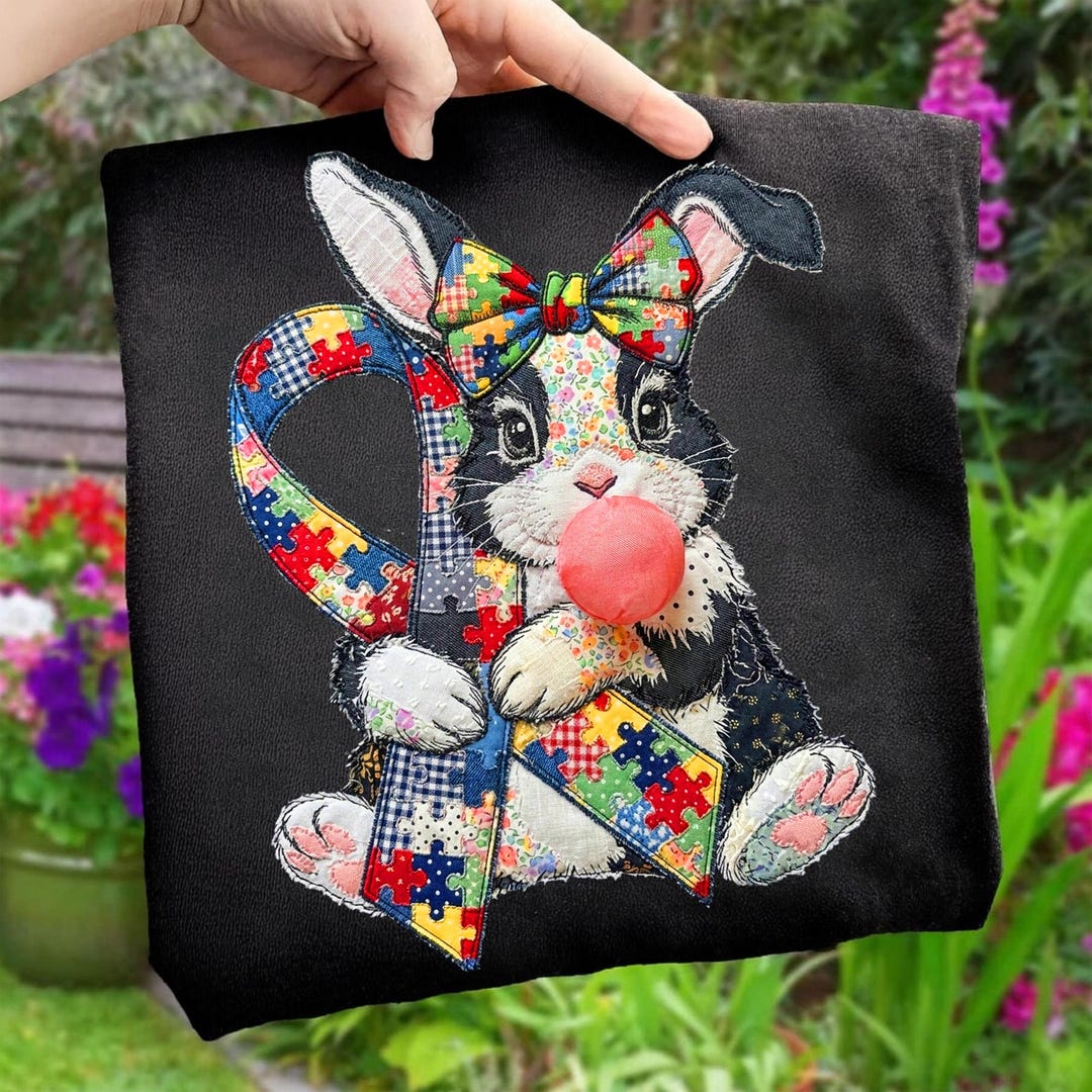 Autism Awareness PNG, Teacher Bunny Design, Patchwork Embroidery Rabbit ...