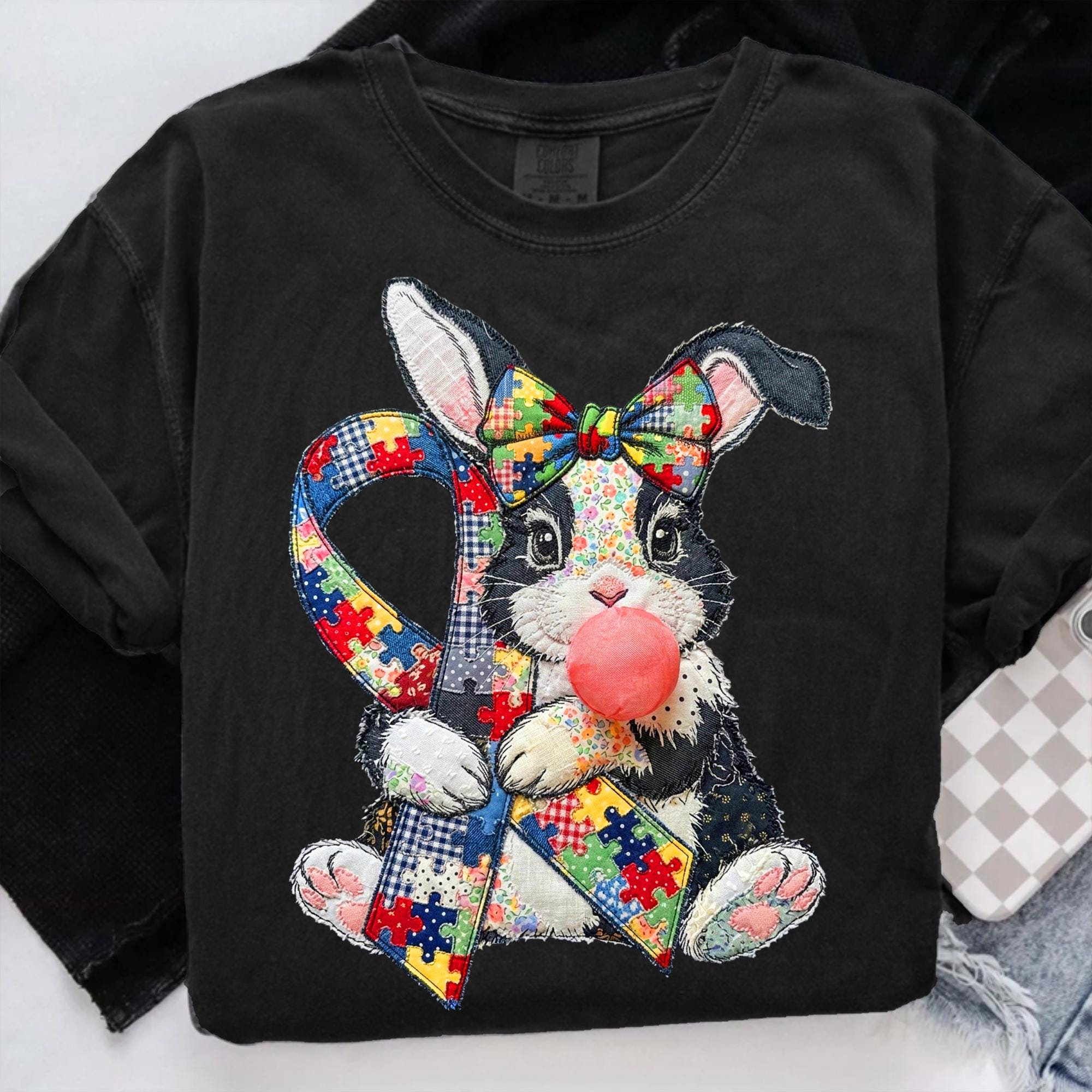 Autism Awareness PNG, Teacher Bunny Design, Patchwork Embroidery Rabbit ...