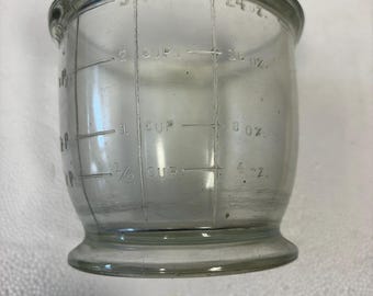 Glass 24 ox, 3 cup mixer container, 5&quot; Diameter, 4 3/4&quot; Tall, Embossed on Bottom, Arrow, For Household Use Only
