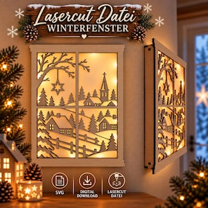 Laserskuren fil för vinterfönster | Juldekoration SVG | Bild av vinterbyfönster | Laserskuren mall | Digital nedladdning magiskt adventslandskap