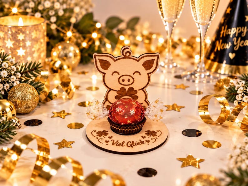May include: A light-colored wooden stand featuring a laser-cut pig holding a four-leaf clover, with the German text "Viel Gl&uuml;ck" engraved on the circular base. A round red chocolate candy wrapped in clear star-patterned foil sits in the center.