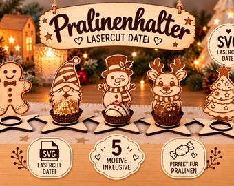 May include: A set of five laser-cut wooden holiday-themed stands for chocolates, featuring a gingerbread man, gnome, snowman, reindeer, and Christmas tree. Each stand has a star-shaped base and includes text labels in German regarding SVG files.