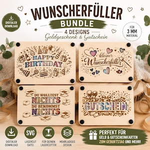 Könnte beinhalten: Ein digitales Bundle mit vier rechteckigen, lasergeschnittenen Holzdesigns für 3 mm Material. Die Motive enthalten die Texte HAPPY BIRTHDAY, kleiner Wunscherfüller, DU WOLLTEST NICHTS DU BEKOMMST NICHTS und GUTSCHEIN, ergänzt durch festliche Grafiken.