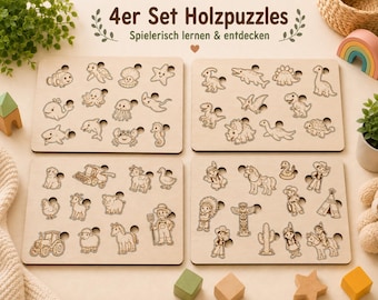 May include: A set of four rectangular wooden puzzle boards featuring laser-engraved illustrations. The boards display themes of sea creatures, dinosaurs, farm animals, and western motifs, each with circular cutouts for individual puzzle pieces.