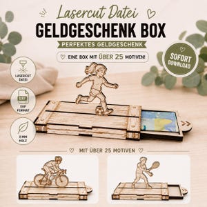 Könnte beinhalten: Eine lasergeschnittene Geldgeschenkbox aus Holz mit Schubfach und austauschbaren Motiven. Das Hauptbild zeigt eine Fußballspielerin, während kleine Einschübe einen Radfahrer und einen Tennisspieler zeigen. Text: Lasercut Datei, Geldgeschenk Box, Perfektes Geldgeschenk, Sofort Download, 3 mm Holz.