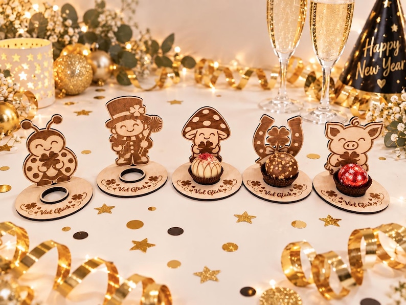 May include: Five circular wooden stands with laser-engraved designs including a ladybug, a person in a top hat, a mushroom, a horseshoe, and a pig. Each stand features the text "Viel Gl&uuml;ck" and a circular cutout for holding small round treats.
